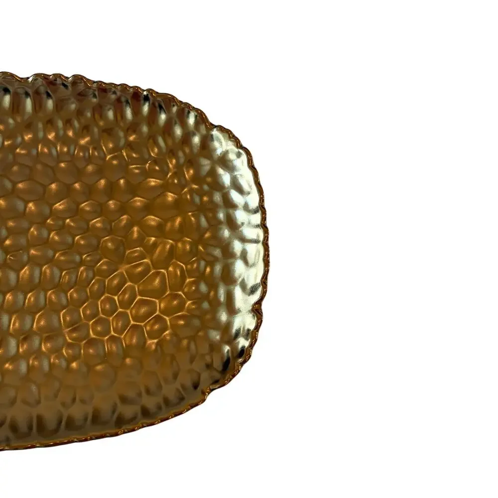 Hammered Matte Gold Serving Platter 11x7 Ceramic Scalloped Holiday Glam NEW
